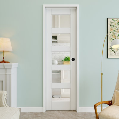24" x 80" 5-Lite Clear Glass Interior Prehung Door with Round Knob and Black Hinges, Clear Glass Door Slab, Paintable & Waterproof, Suit for Laundry, Closet Doors, Room Doors, Left Hand