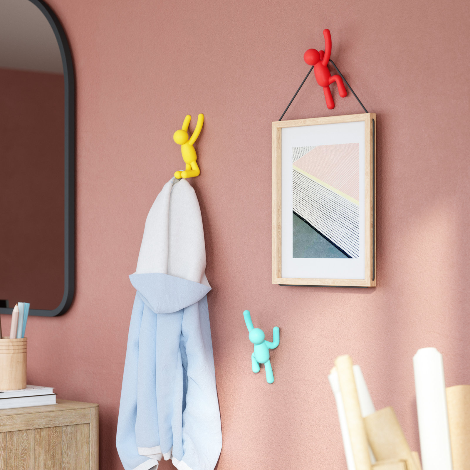 Wall-Mounted Coat Hooks, Red/Blue/Yellow