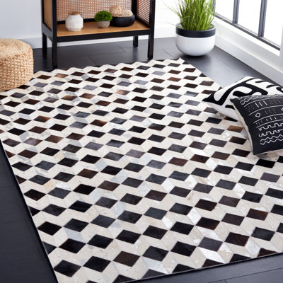 Tapis géométrique en laine / cuir tissé à la main Studio