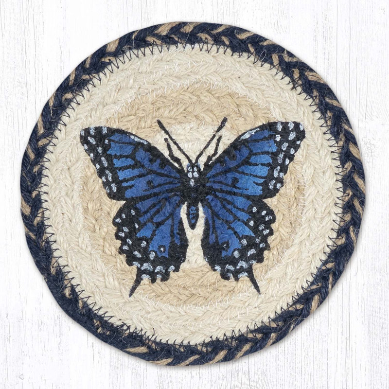  Grand sous-verre rond bleu machaon - Accent papillon rustique H 7 po, Blue/Beige, Butterfly