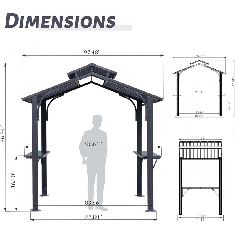 8×5FT Hardtop Grill Gazebo, Outdoor BBQ Gazebo w/Galvanized Steel Double Roof, Permanent Sun Shade Grill Canopy Shelter with 2 Side Shelves and Ceiling Hook for Patio Deck Yard Garden
