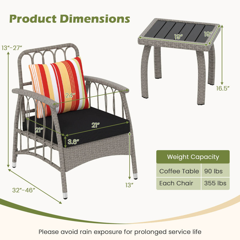 3 Pcs Patio Pe Wicker Furniture Set With 5-level Adjustable Backrest Bistro Set