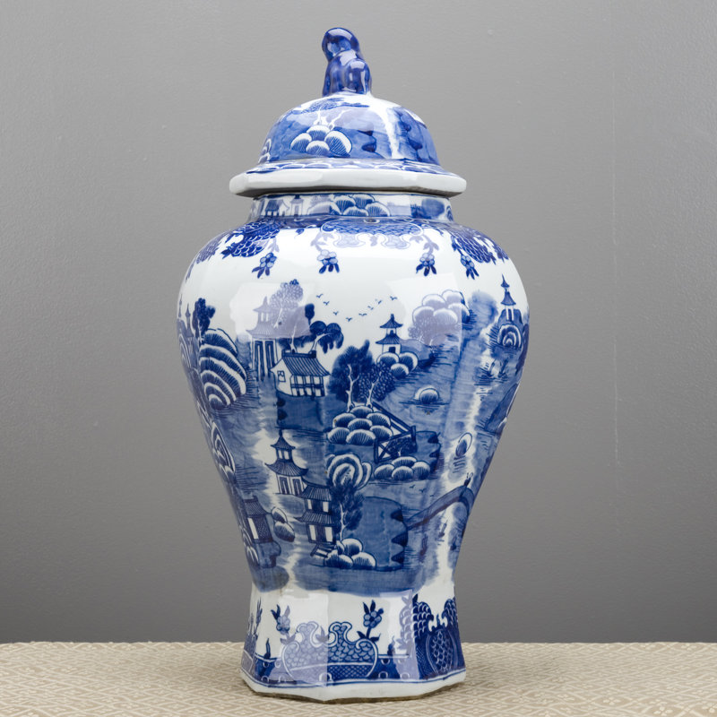 Blue and White Temple Jar with Lid