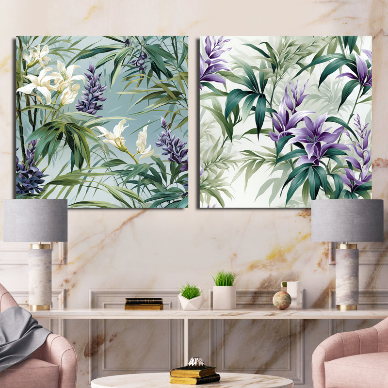 Ensemble de 2 collages carrés tropicaux vert et mauve Serenade, Toile tendue, H 16 po x l 33 po