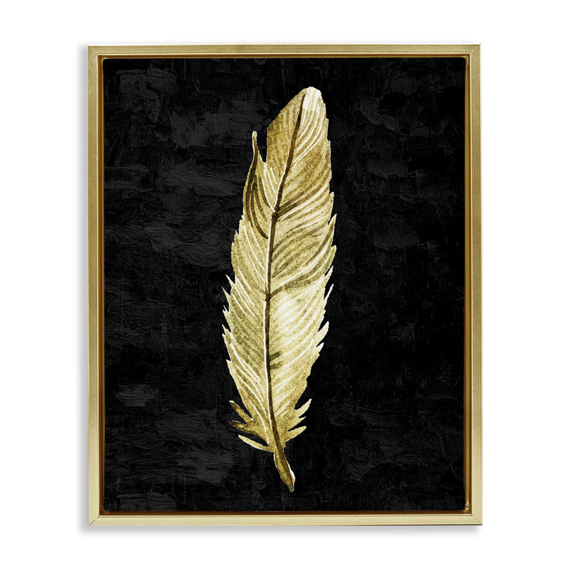 Plume courbée sur cadre flottant noir, design par Kim Allen, H 21 po x l 17 po, Cadre flottant métallique doré