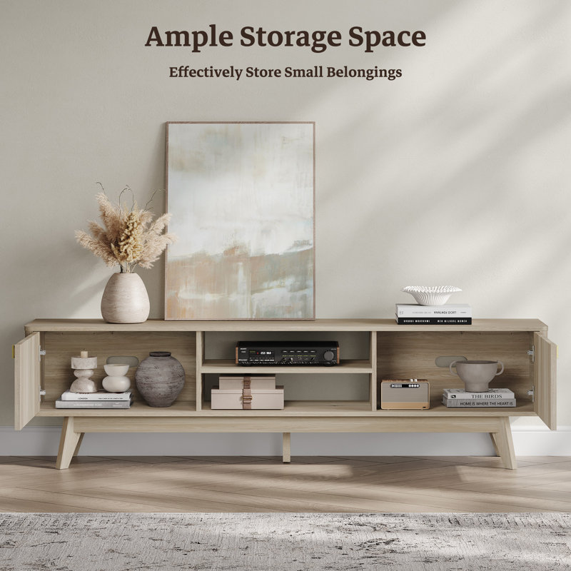 Mid Century TV Stand With Storage Cabinets And Open Shelves For Tvs Up To 75'', Light Oak