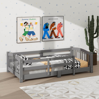 Twin-Sized Montessori-Style Floor Bed With Safety Railings, Wooden Bed With Slats And Enclosure, No Door Provided