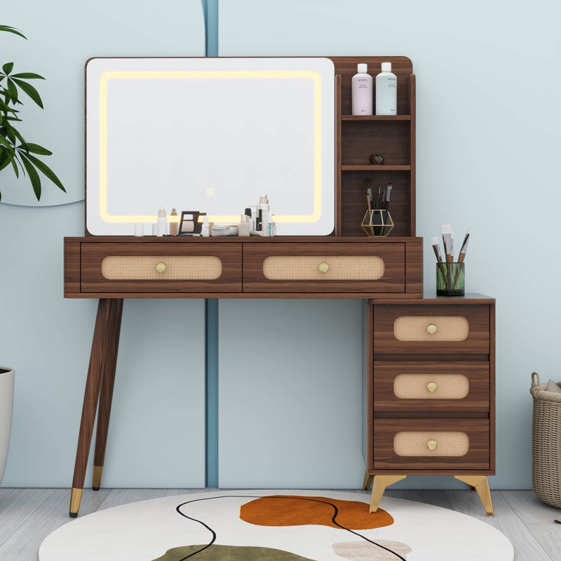 Meuble-lavabo vintage avec miroir et lumières, 3 modes de couleurs et luminosité réglable, meuble-lavabo de ferme avec 5 tiroirs et tablette de rangement