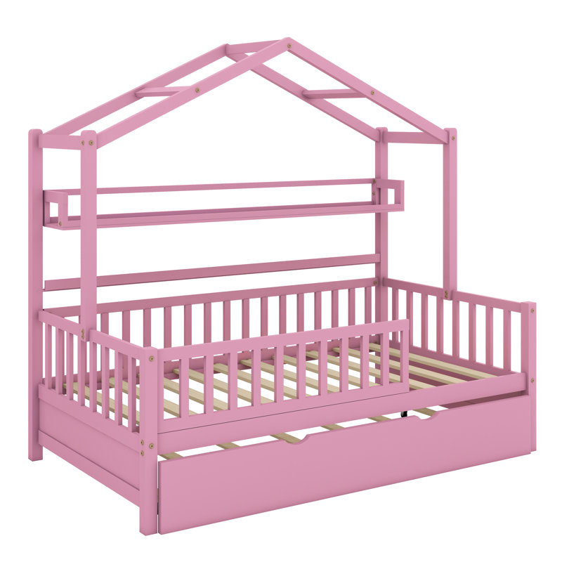 Lit maison avec lit gigogne et tablette, Lit simple, Rose