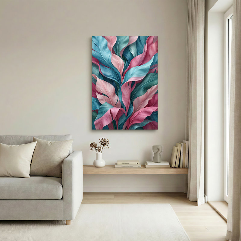 «Pink and Teal Wavy Leaves», art abstrait sur toile, 30"H x 20"W