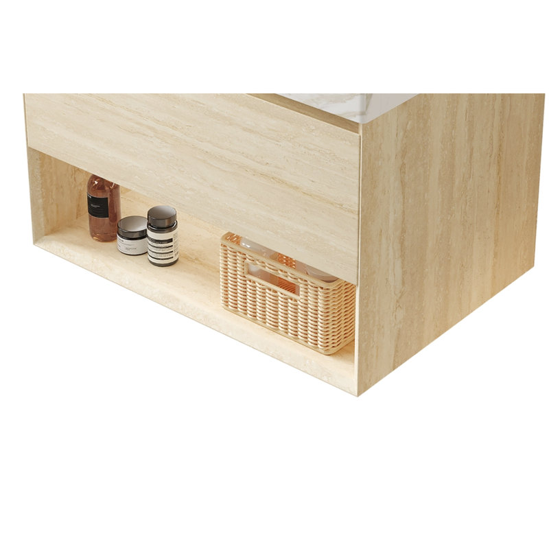 Meuble de 76 cm avec tiroir et étagères ouvertes, finition soignée, contreplaqué, joints d'étanchéité, ouverture et fermeture fluides, tablette murale avec éclairage DEL, aspect texturé, haute étanchéité, chants à 45°, silencieux