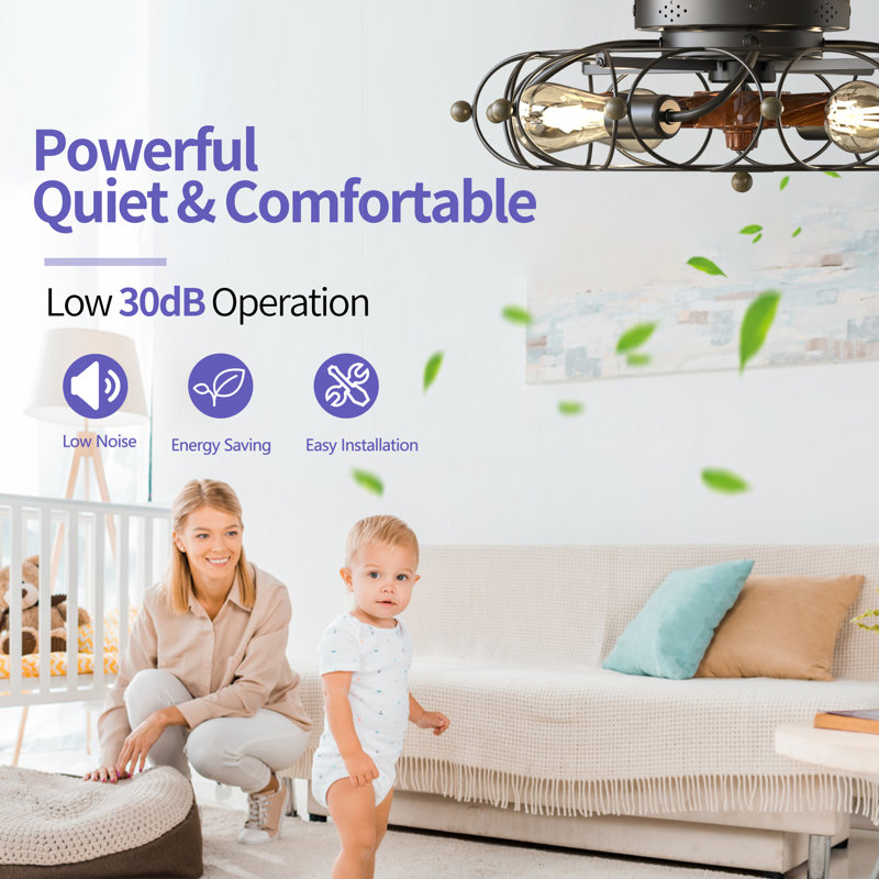 20" Low Profile Caged Flush Mount Ceiling Fan With Light And Remote Control, 6-Speed Reversible, Black