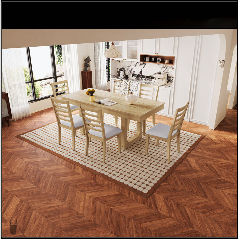 Ensemble de table de salle à manger extensible 7 pièces de style campagnard avec rallonge mobile de 18 pouces et 6 chaises rembourrées, parfait pour les intérieurs rustiques et modernes