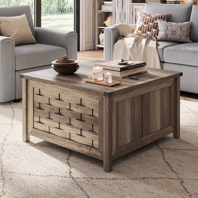 Table basse carrée en bois avec grand rangement caché, plateau rabattable à 90 °, tables basses de ferme pour le salon