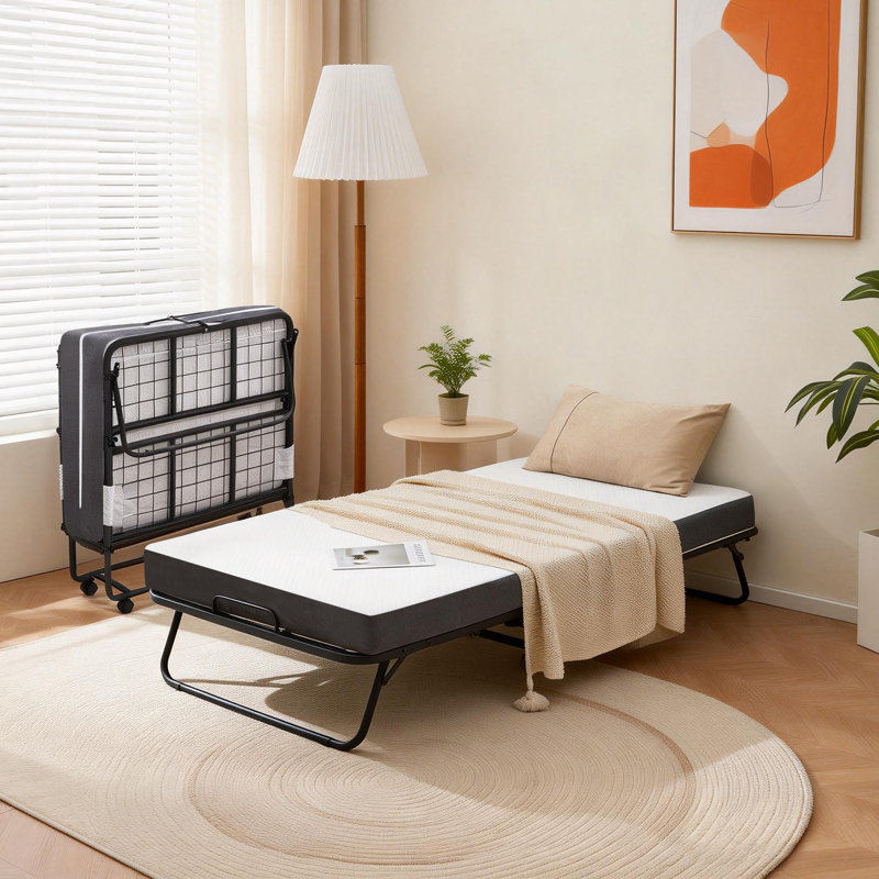 Folding Bed with Mattress, 75''L X 38''W Metal Rollaway Bed for Adults, Portable Foldable Guest Bed with Wheels and Dustproof Bag-5" Memory Foam Mattress