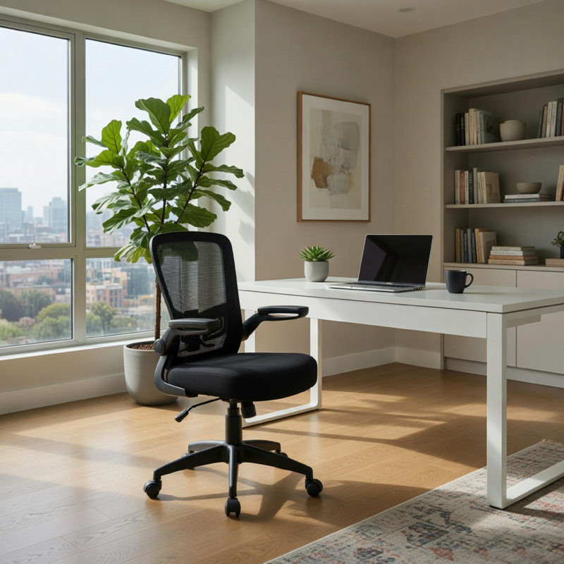 Swivel Task Chair, Mesh Back, Flip Arm, Height Adjustable, Black Fabric