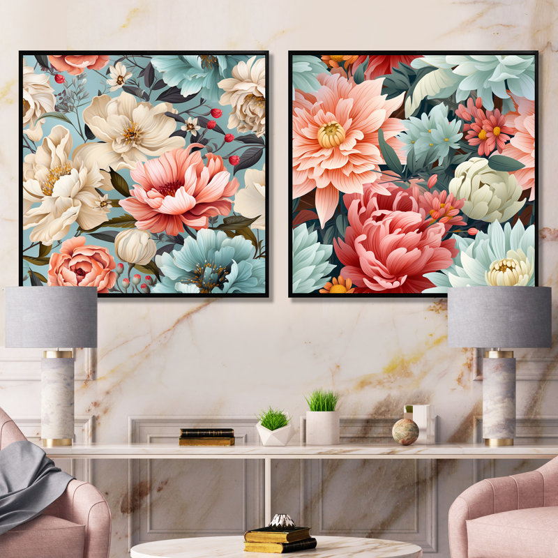 Taverny - ensemble de 2 reproductions d'art sur toile florales, Cadre noir, H 16 po x l 33 po x P 1 po