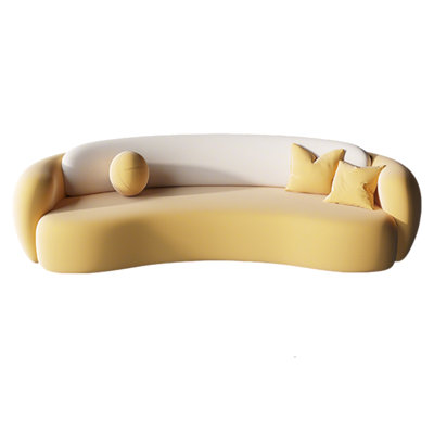 Modern Minimalist Yellow & White Color Block Velvet Curved Irregular Sofa for Beauty Salon, Clothing Store & Office Reception Lounge