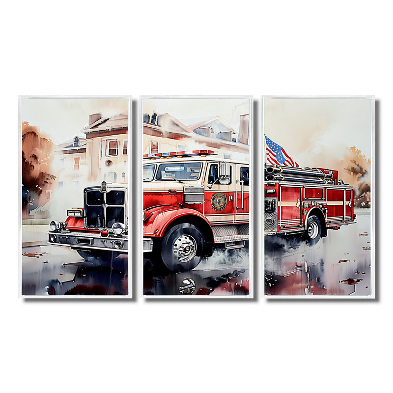 Camion de pompier dans les Hamptons III - ensemble de salon d'art pompier mural, Toile encadrée flottée blanche