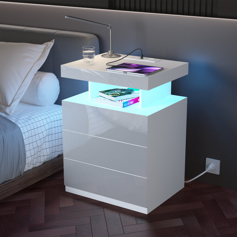 Britini Manufactured Wood Nightstand with Wireless Charging Station, LED Lights and 3 Drawers, White