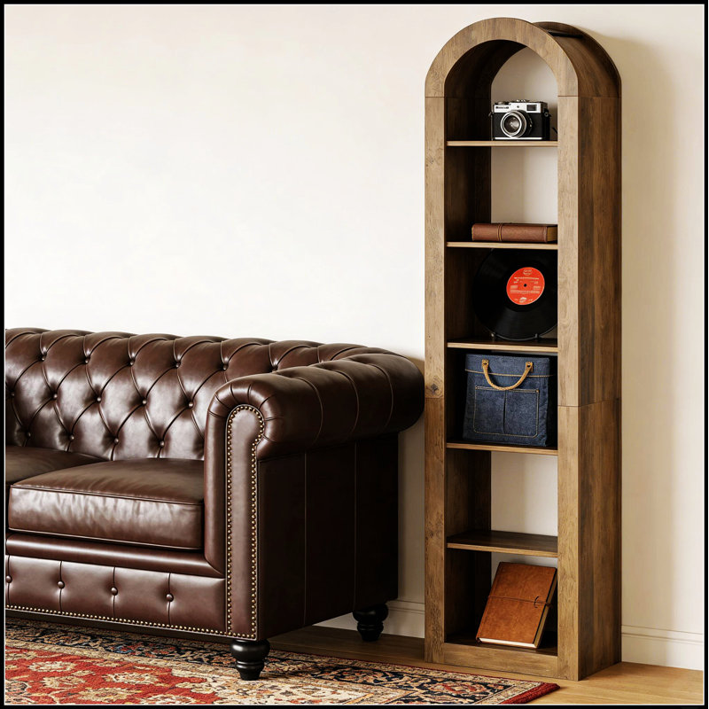 Bibliothèque rustique ouverte arquée avec 6 tablettes à niveaux pour un rangement élégant et parfait pour toute pièce