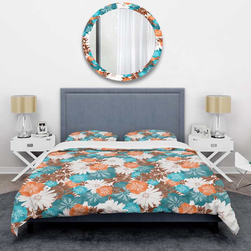 Blue/Brown/Orange Microfiber Duvet Cover Set, King Duvet Cover + 2 King Shams