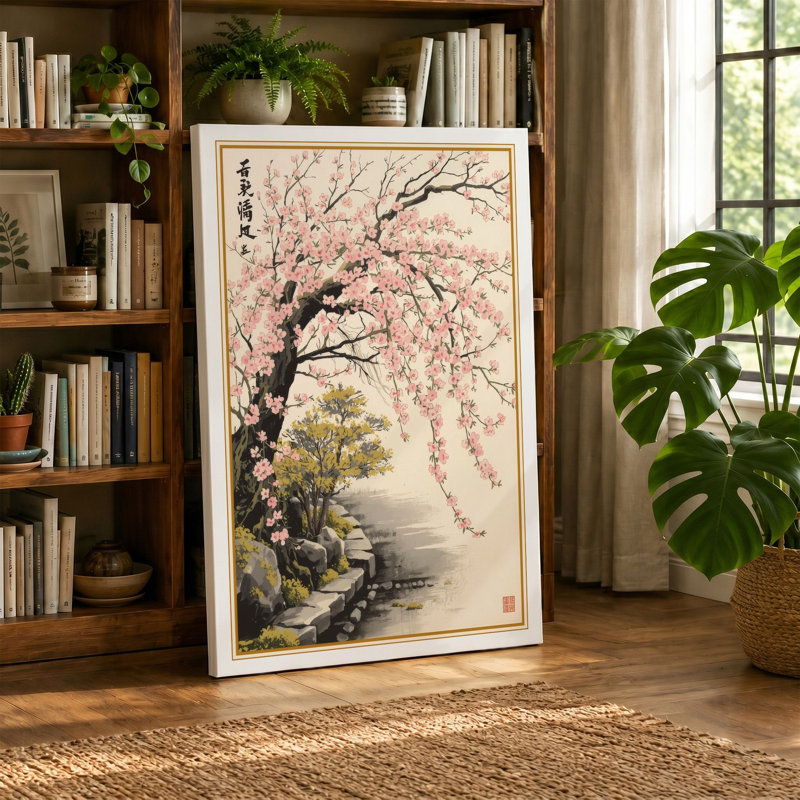 Blossoms Over Mist Japandi - Wrapped Canvas, 36x24 - 91.4 x 61.0 cm, Ochre Border