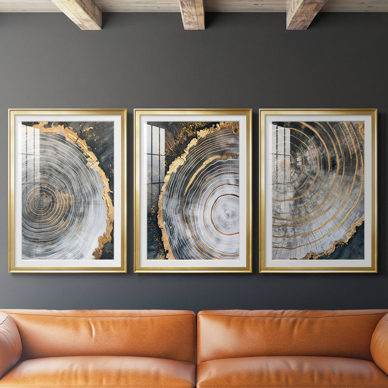 ABSTRACT Series CCxxxi - Impression encadrée sur mesure de qualité supérieure - 3 pièces, H 30 po x l 63 po, Doré