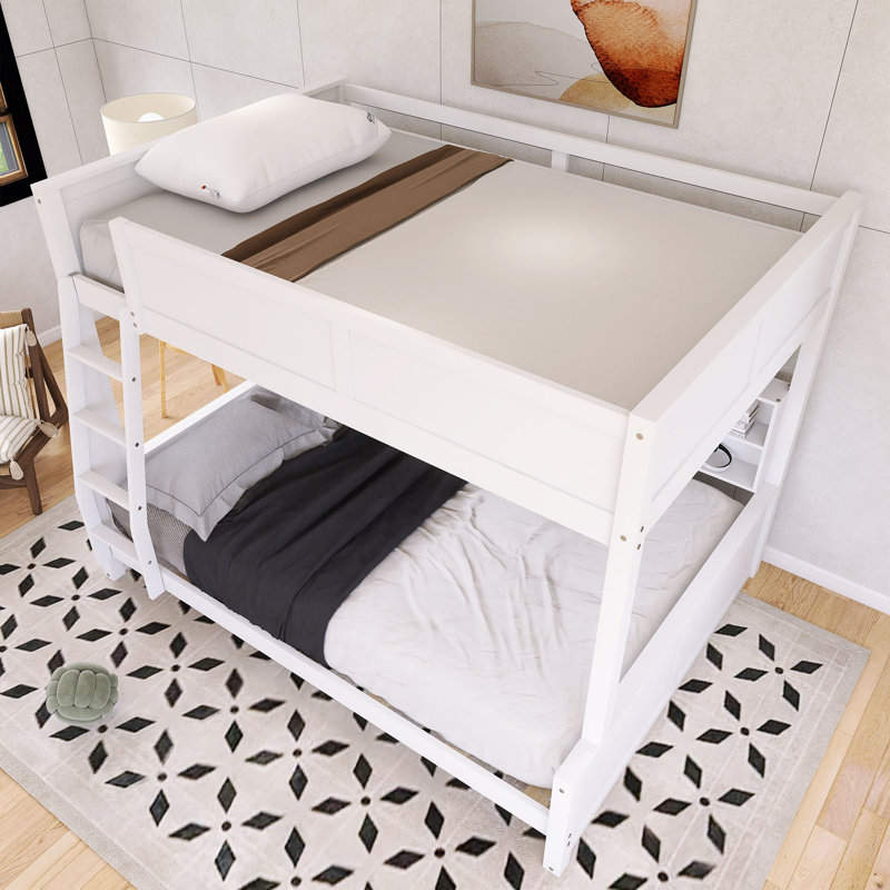 Lit superposé double très grand avec cadre en bois avec tablettes de rangement et ports USB, Double TG sur grand, Blanc
