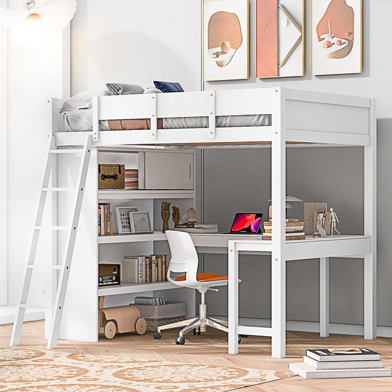 Lit mezzanine double avec bureau et tablette, Blanc