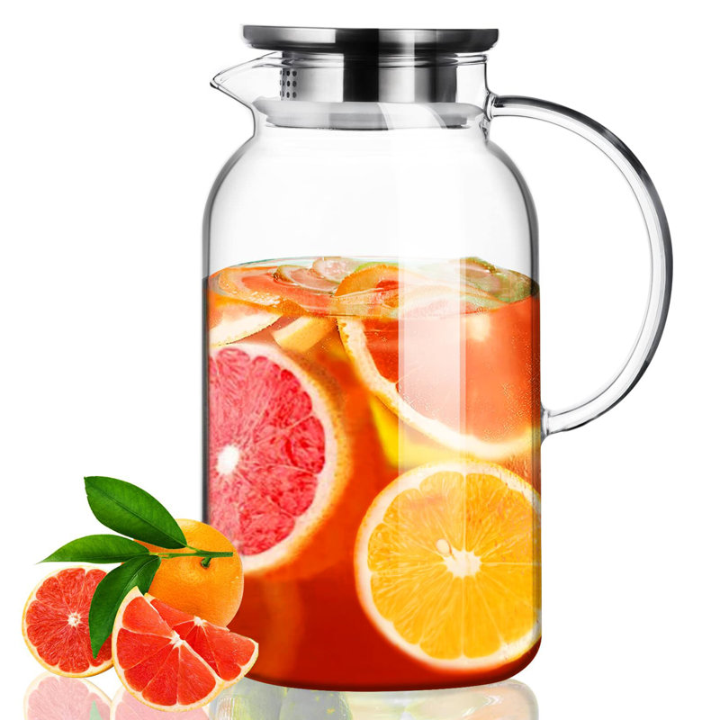 Glass Pitcher with Lid, Hot& Cold Glass Water Pitcher with Handle, Iced Tea Pitcher Carafe for Coffee, Juice, Lemonade and Milk 61oz/ 1.8L