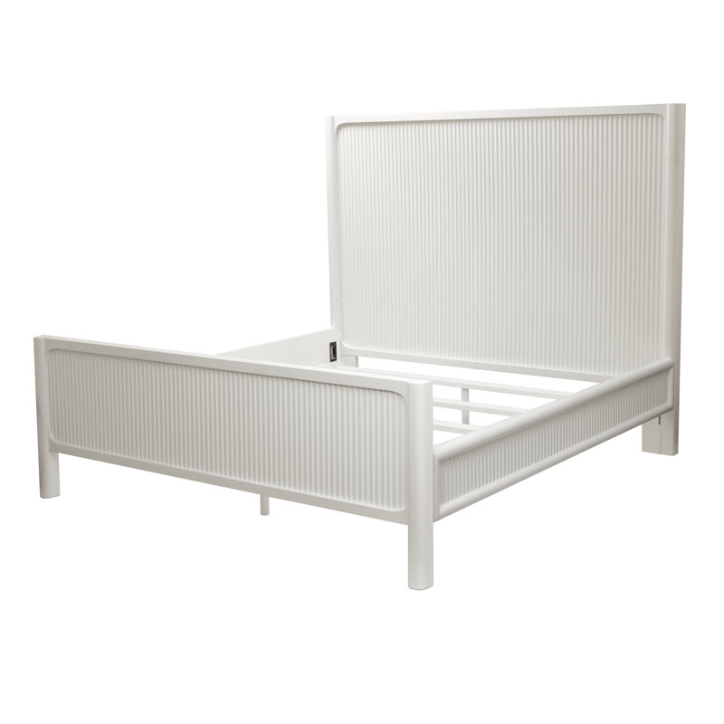 Luxurious Solid Mahogany Wood Queen Bed in Pristine White with Laser-Cut Finish, Intricate Reeded Design, Rounded Bedposts, Modern Style, and Tech-Ready Nightstand Featuring Integrated Power and USB Outlets for a Timeless Coastal Retreat