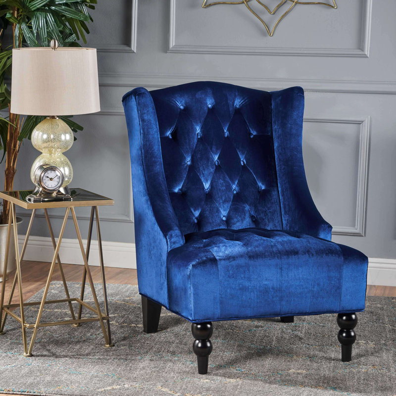Fauteuil club en velours à haut dossier, fauteuil à oreilles rembourré, bleu marine