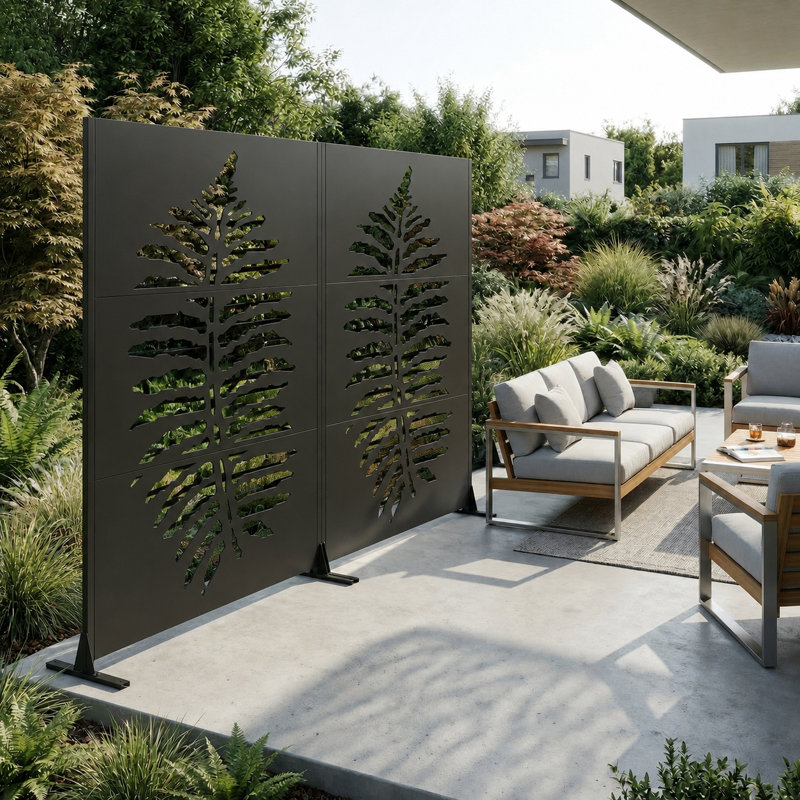 Modern Galvanized Metal Outdoor Privacy Screen, 72" H x 46" W Freestanding Decorative Fence Panel with Stable Base for Patio, Deck, Balcony, Backyard & Garden