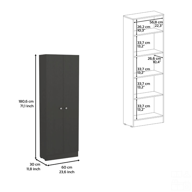 Armoire à rangement multiple H 71 po, deux portes, cinq tablettes internes, Noir