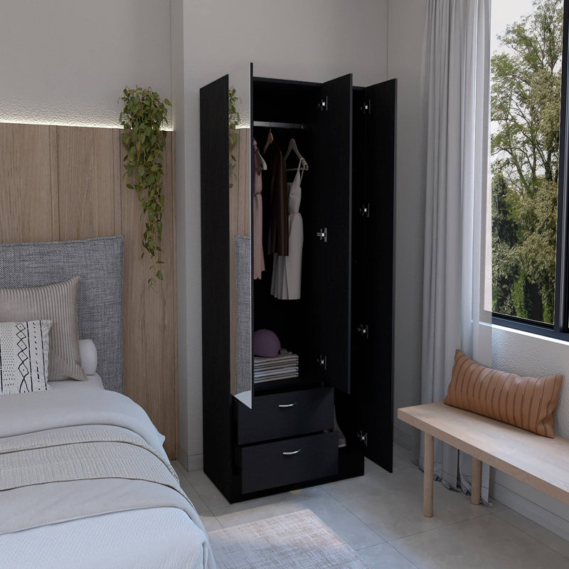 Armoire à miroir 3 portes Riverside avec deux tiroirs, quatre tablettes et une tringle, Black