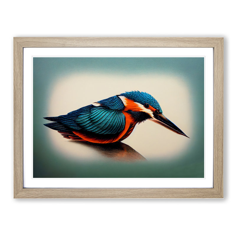 Vibrant Kingfisher Bird - Framed Print, 46cm H x 64cm W x 2cm D, Oak