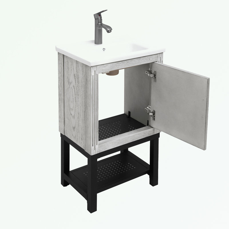 Meuble-lavabo avec lavabo, 1 porte et tablette ouverte en fer, Blanc