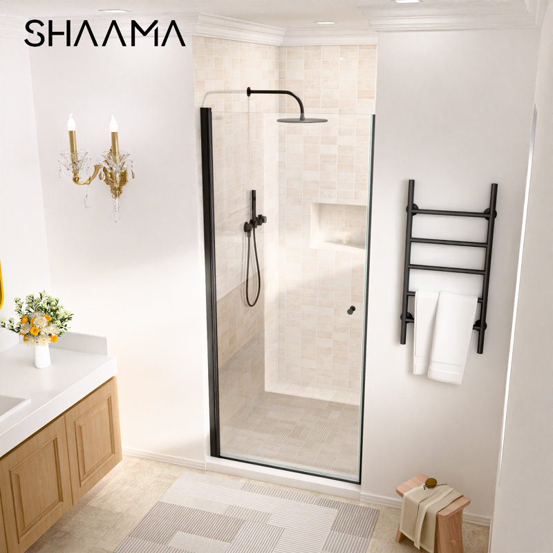34 In. W X 72 In. H Space Saving Pivot Semi-Frameless Swing Shower Door In 1/4 In. Clear Tempered Glass, Matte Black