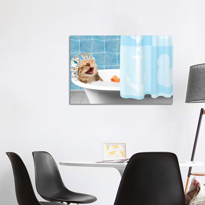 Funny Cat Is Taking A Bath With Toy Duck - Print on Canvas