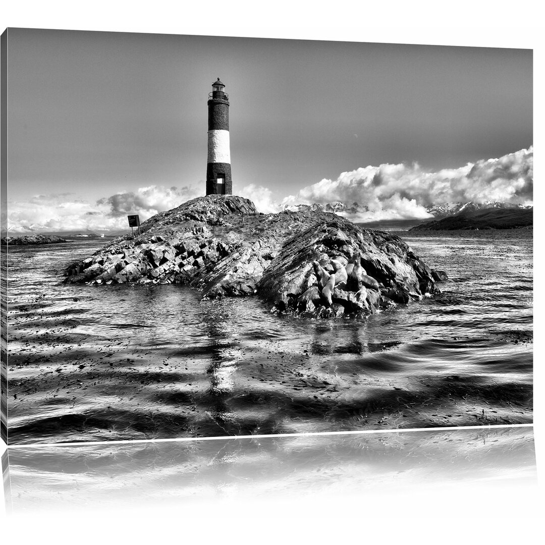 Leinwandbild Leuchtturm mit Robben auf kleiner Insel im Meer in Monochrom