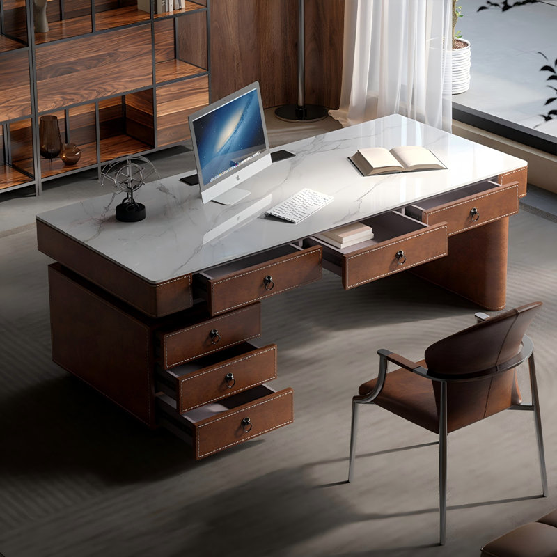 Bureau en bois fritté de luxe moderne 55,12 po avec incrustation de cuir de selle et base en bois massif, armoire latérale incluse