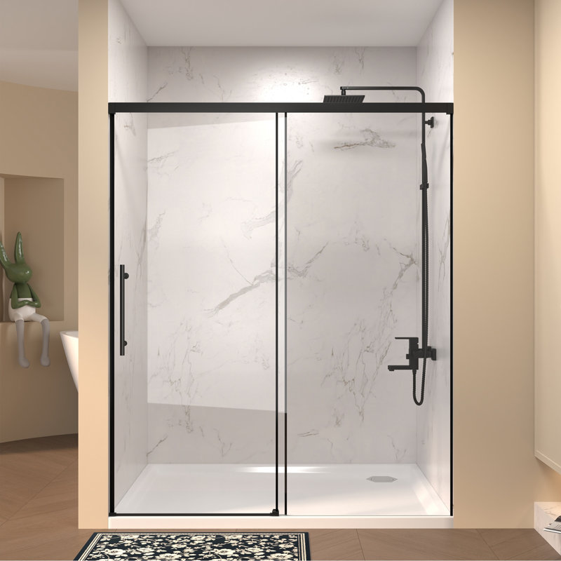 Porte de douche coulissante simple sans cadre 48 pouces noir mat, Noir mat