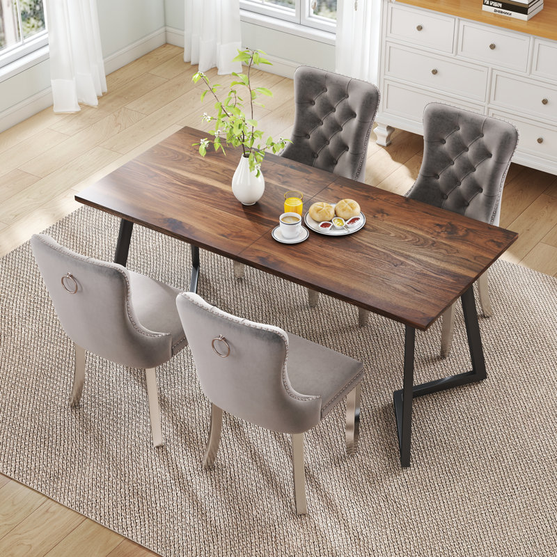 Ensemble de salle à manger rectangulaire en bois avec chaise capitonnée, 5, Gris