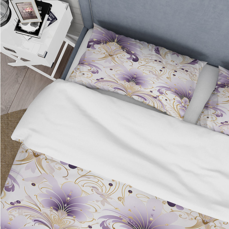 Literie damas mauve et blanc Art Deco II, Housse de couette pour grand lit et 2 taies décor