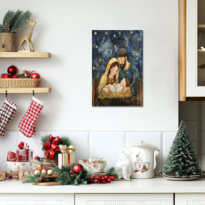 Nativity Canvas Wall Art, Mary Joseph and Jesus Birth Scene, Starry Night Religious Canvas Print Painting, Ready to Hang Canvas Wrapped Framed Christian Poster Picture for Home or Church Decor, 12×16 Inches