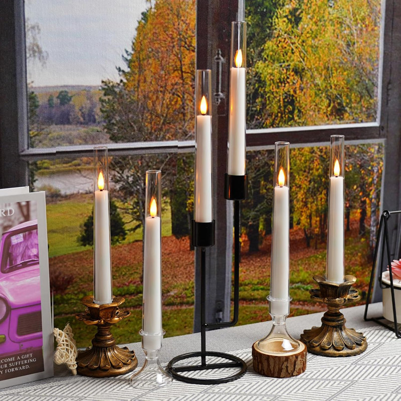 Flameless Taper Candles With Remote,6 PC Acrylic Battery Operated Candles With Candlesticks,Flickering Led Window Candles For Home Table And Wedding Decor(White)