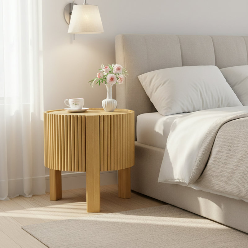 Table d'appoint ronde cannelée avec rangement pour le salon, bois d'hévéa massif, porte à fermeture en douceur, naturel, 19,6 po