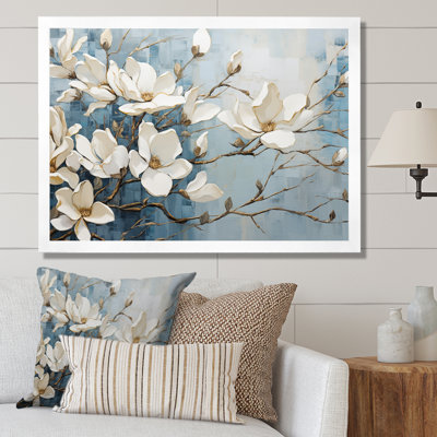 Blue And Gold Painted Magnolias VI On Canvas Print