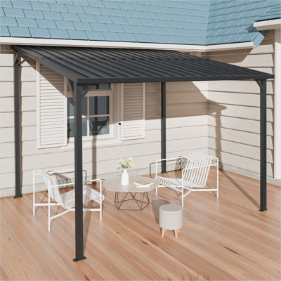 Pavillon de jardin mural en acier noir mat avec toit incliné pour le rangement et l'abri du patio